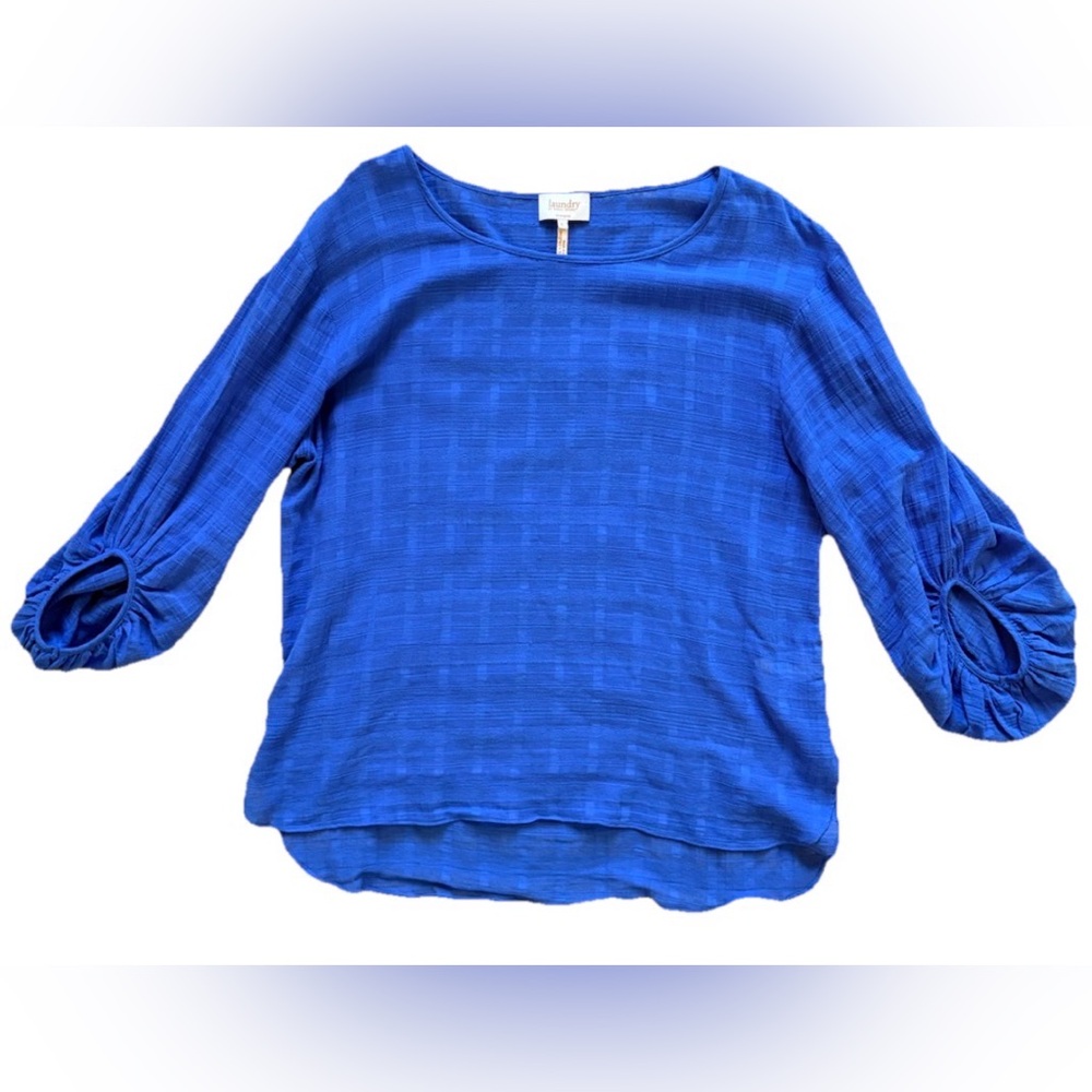 Laundry by Shelli Segal Royal Blue Sheer 100% Cotton 3/4 Sleeve Top Size Large